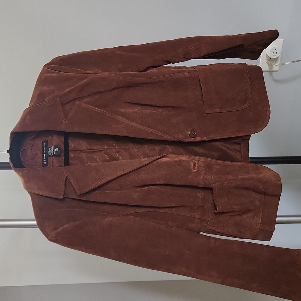 New York & Company  SZ 12 Suede Leather brown tailored fit classic blazer